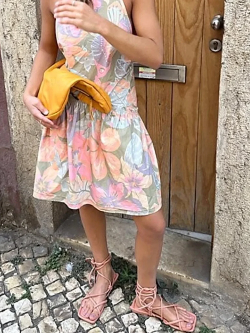 Free People Rainforest Combo DesPastel Floral Halter Mini Dress Size Large